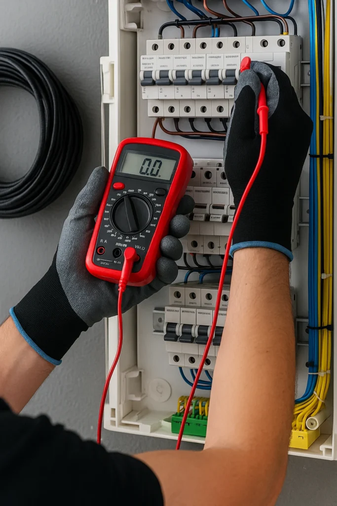 Elektryk. Usługi elektryczne. Instalacje elektryczne. KAMKOP PAŁUKI USŁUGI ELEKTRYCZNE. Bydgoszcz, Szubin, Nakło, Żnin, Łabiszyn, Barcin, Inowrocław . Rozdzielnica natynkowa wraz z licznikiem